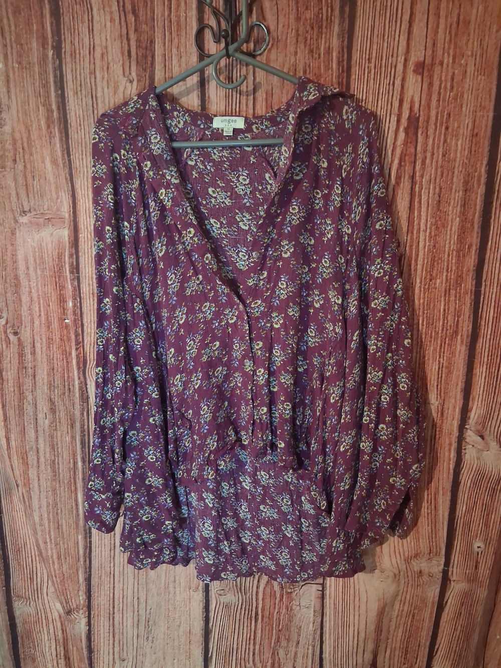 Umgee Plum Floral Peasant Blouse with Tie